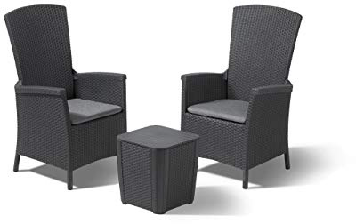 Allibert by Keter Vermont Ensemble de Meubles de Balcon avec 2 chaises et Table Graphite/Gris Froid, avec Coussin, Dossier réglable, en Plastique, Aspect rotin Plat, résistant aux intempéries