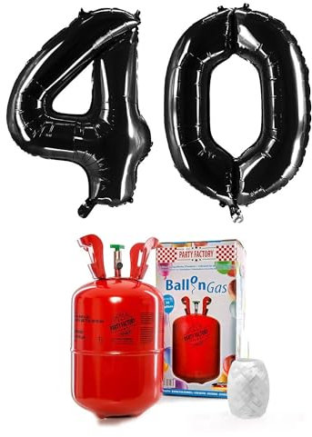 PARTY FACTORY Helium Set 40 mit XXL Zahlenballons, Ballongas und Ballonschnur - für Geburtstag, Jubiläum, Jahrestag; Gold, Silber, Schwarz, Pink, Rosa, Rosagold, Bunt (Schwarz)