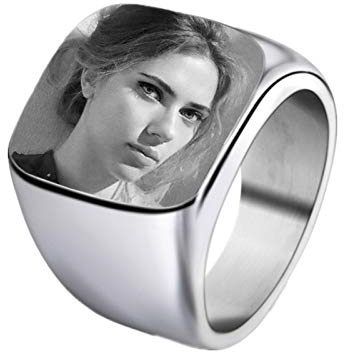 Coudf Regalos De Anillo De Foto Grabados Anillos De Sello De Imagen Personalizados Anillos De Sello De Acero Inoxidable Grabados Personalizados Regalos De Foto Para Hombres(Plata 18)