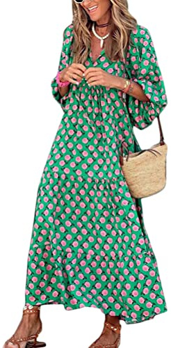 ticticlily Vestido Mujer Verano Boho Elegante Maxi Vestidos Manga Corta y Cuello V Estampado Floral Vestido Casual Playa Fiesta Vestidos Ocio Suelto Talla Grande