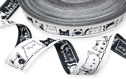 ZauberDrum - Webband mit 10 verschiedenen Katzen in Schwarz/Weiß, 2,00 EUR/m, 17 mm, 1 m, Meterware, Polyester, Eigenproduktion