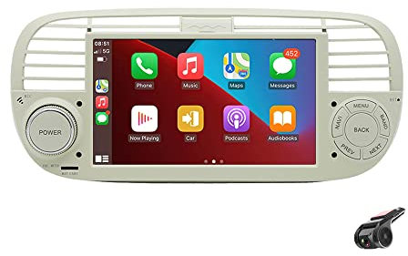 BOOMBOOST CarPlayer sans Fil Android Auto Stéréo de Voiture Android 7 Pouces 2 Din Écran Tactile Autoradio Support Bluetooth/FM/WiFi/GPS/Mirror Link Compatible pour Fiat 500+Android DVR (Blanc)