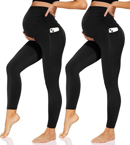 Sundwudu Paquete de 2 Leggings de Maternidad sobre el Vientre, Pantalones de Yoga de Cintura Alta para Mujer con Bolsillos, Negro*2, X-Large