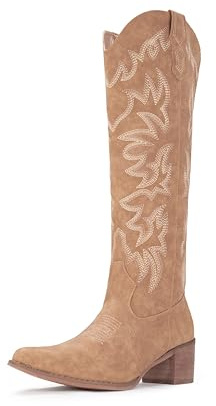 IUV Cowboy Boots For Women Knee High Boots Pointy Toe Women's Western Boots Side Zipper Chunky Heel Cowgirl Boots