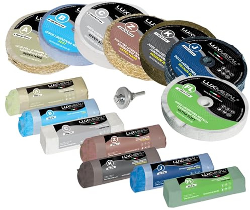 Lux Metal Kit Lucidatura 7 Pasta Abrasiva Lucidante 250 gr e 7 Disco Lucidatura 100 mm in Cotone Trapano Mola Dischi Per Lucidare Acciaio Inox Metalli Alluminio Set Lucida Ottone Cromature feltro Rame