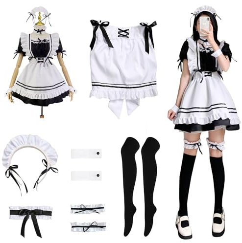 MeYuxg Maid Outfit, Anime French Maid Dress, Halloween Kostüm Damen, Niedliche Maid Cosplay Kleid, Dienstmädchen Kostüm mit Schürze Beinringe Schwarze Strümpfe, Maid Kostüm Schwarz, Größe M