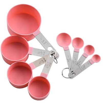 8 Pcs Measuring Cups and Spoons Set, 4 Measuring Cups / 4 Measuring Spoons, Measuring Spoons Set with Engraved Scale for Liquid & Dry Ingredients (Pink)