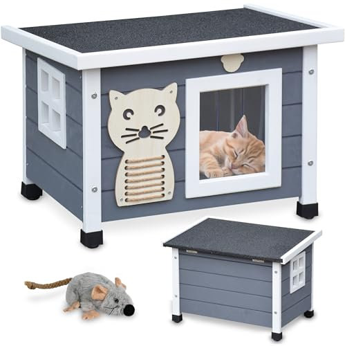 zooprinz Premium Holz Katzenhaus – Katzenkiste mit Dach zum Öffnen, Fenster und Schwingtür – Sisalband an der Katzenbox – Wetterfest für Garten/Balkon – Innen- und Draußen Hütte (Grau-Weiß, Standard)