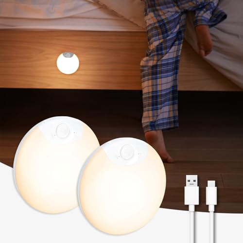 DAZZY DOT Battery Night Light, Motion Sensor Night Light Rechargeable, Magnetic Warm White LED Stick-On Closet Light, Dimmable Brightness for Stairs, Bathroom, Wall, Cruise, Cabinet, Hallway (2 Pack)