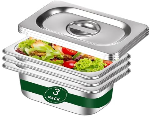 Accmuzzy Panierschalen Set 3-teilig mit Deckel,Stapelbare GN 1/3 Edelstahl Behälter,Ideal für Schnitzel,Fleisch,und Aufbewahren, Gastro Behälter Spülmaschinenfest,32.5 x 17.5 x 6.5 cm