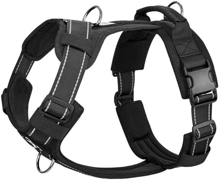 OneTigris Hundegeschirr, Diesel Einstellbar Taktisches Geschirr Weich Gepolstert Brustgeschirr für mittelgroße und große Hunde mit Reflektierend, 1 Griff, 3 D-Ringe (Schwarz, M)