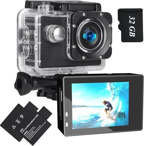 Xilecam Action Camera 1080P Sports Camera 32GB Memory Card Action Cam 4xZoom 131ft Underwater Waterproof Cameras with 2 X Batteries and Multi-Function Accessory (X2)