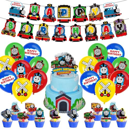 T-homas Train Birthday Party Decorations, T-homas Train Party Supplies including banners, latex balloons, hanging swirls, cake toppers and cupcake toppers for kids birthday party decorations