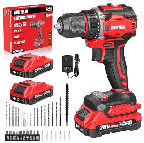 Alloyman Trapano Avvitatore a Batteria 20V MAX, Motore Brushless, 1800 giri/min, Max 60 Nm, Mandrino metallico autoserrante 3/8, 21+1 livelli di coppia, Set Trapano per calcestruzzo, metallo e legno
