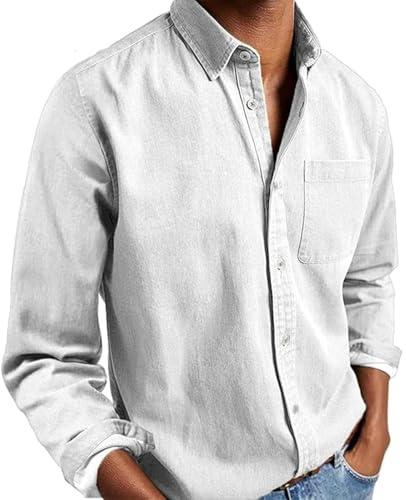 Camisa de manga larga para hombre, mezcla de algodón, con botones, estilo casual y formal, camisa de vestir de negocios con solapa retro, blanco, 3XL