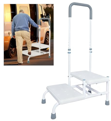 Marchepied avec Poignée pour Personnes âgées, 2 Marches Hauteur Réglables Antidérapant, Capacité de Charge Jusqu'à 135 kg, Marche de Sécurité pour Baignoire/Lit/Cuisine/Voiture/Caravane