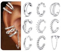Morfetto Ear Cuff Orecchini Donna Senza Buco 9 Pezzi Ipoallergenici Set Orecchini Finti Donna Cartilagine Orecchino Anallergici Regolabile Ear Cuff Argento
