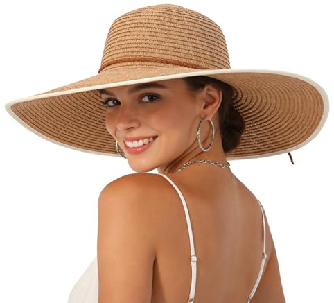 Ynport Crefreak Sombrero de Paja de ala Ancha para Mujer con Adorno Negro, Sombrero de Playa Plegable con Protección UV para Vacaciones de Verano Viajes Actividades al Aire Libre