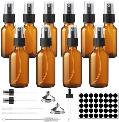 Foymlon 10 Pezzi Flaconi Spray Vetro Ambrato, 4x60ml+6x30ml, Bottiglie Spray Portatili Nebulizzazione Fine – Per Viaggio, Profumi, Oli Essenziali, Cosmetici con Imbuto e Pipette