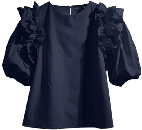 volangblus för kvinnor damer sommar blus puff kortärmade toppar vintage volanger lapptäcke tunika ledig lös rund hals för justering, Mörkblå, XL