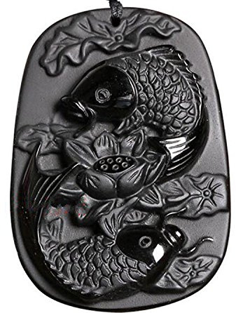 yigedan Halskette mit Anhänger aus natürlichem Obsidian, Silber, Lotusblüte, Libelle, Fisch, Karpfen