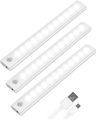 Vicloon Iluminacion Luz sin cables Portatil, 3 PCS 12 LED Luz Armario con Sensor de Movimiento con Auto en/Apagado/Siempre, USB Recargable LED Armario con 2 Tiras Magnéticas, para Escalera, Coina