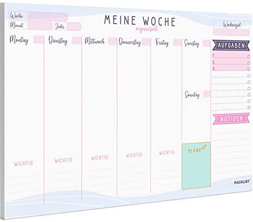 PACKLIST Wochenplaner Block A4 ohne Festes Datum. Terminplaner, Familienplaner mit Wochenziel, To-Do-Liste, TOP 3, Notizen, Pläne, Wichtig, großem Notizfeld - Exklusive Kalender mit ECO-Verpackung