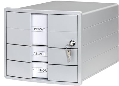 HAN Schubladenbox IMPULS 2.0 abschließbar mit 3 geschlossenen Schubladen für DIN A4/C4 inkl. Beschriftungsschilder, Unterlagenbox, Boden mit Auszugsperre, möbelschonende Gummifüße, 1018-11, lichtgrau