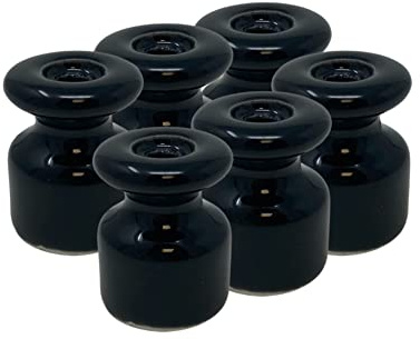 HALOTEC Pack 6 Aislantes de Porcelana Artesanal Negro para Cable Trenzado | Soporte Eléctrico Estilo Vintage | Instalación en Pared o Techo | Aisladores Cerámicos para Seguridad de Cables Eléctricos