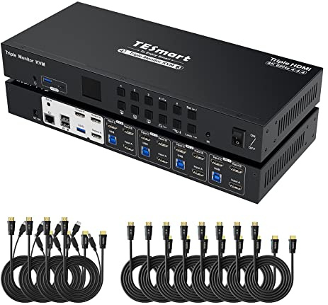 TESmart USB 3.0 4 Port Triple Monitor HDMI KVM Switch 4K@60Hz KVM Switch 3 Monitors 4 Computers, 3 USB 3.0 Port, Audio Out, EDID Emulator, Hotkey, LAN Port, 4 In 3 Out KVM with Cables