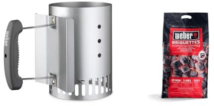 Weber 17591 - Briquetas de carbón Vegetal para Barbacoa, 8 kg, 1 Unidad & 7447 - Chimenea de Encendido compacta Rapidfire, a Carbón, de Aluminio, Metálico