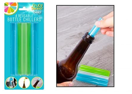 Pack of 4 Plastic Reusable Bottle Chillers Ice Cube Cubes Blue & Green 12x1.5cm