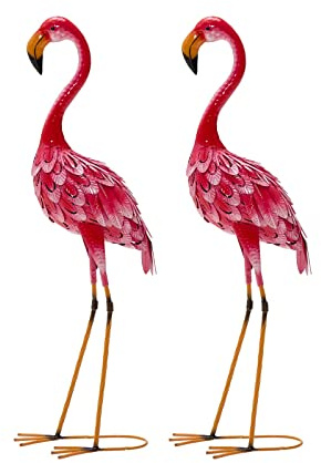 GOPLUS Lot de 2 Statues 89 CM de Flamant Rose de Jardin en Métal, Décoration Extérieure Sculpture d’Oiseau Rose de Jardin pour Enjoliver la Pelouse, l’Étang, la Terrasse