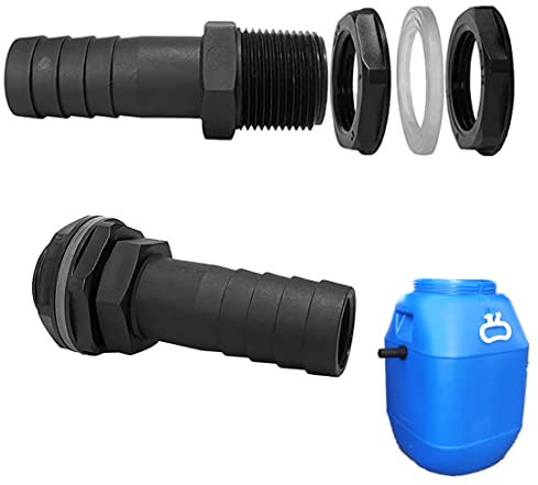 2 Pcs Regentonnendurchführung 1 Zoll Außengewinde mit Schlauchtülle 25mm Schlauchanschluß Tankverschraubung PVC Schlauchtülle Tankdurchführung mit Tülle und Dichtung für Regenton, Wassertank, Zistern
