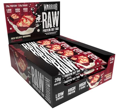 Warrior Raw Protein Bars – 20g Protein Per Bar – High Protein Snack Bars Multipack (12 or 24 Bars, 75g Each) – Low Sugar, High Fibre Breakfast & Meal Replacement Bar – Red Velvet Brownie Flapjack