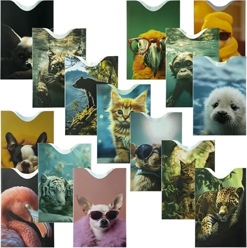 Boxiki Travel Protector Tarjetas de Credito RFID 15 Fundas Animales - Funda RFID Tarjeta Credito con Diseños Fotograficos Animales Únicos, Construccion 4 Capas Aluminio, Ultra-Fino Menos de 1mm
