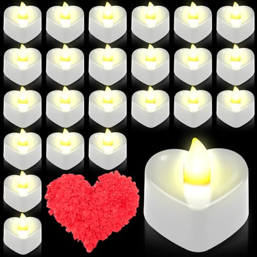 GOMETY Lot de 24 bougies chauffe-plat LED en forme de cœur, 1000 pétales de rose artificiels et 24 bougies chauffe-plat LED sans flamme en forme de cœur pour décoration de mariage, Saint-Valentin,