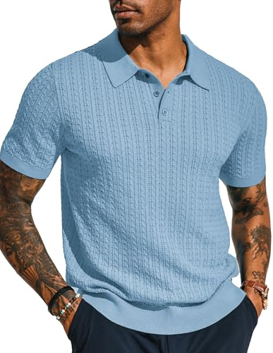 PJ PAUL JONES Polo de punto para hombre de manga corta calado con textura de punto, Azul cielo, Large