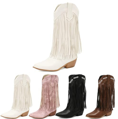 MEECHI Stivali da Cowboy con Frange da Donna Stivali Western in Pelle PU con Frange Stivaletti A Punta con Tacco Largo Ankle Boots Slip-on for Feste, Country, Concerti(White,39 EU)
