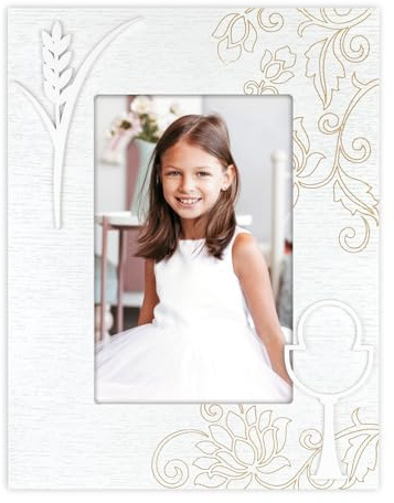 Marco de fotos para primera comunión, 10 x 15 cm, blanco de madera, marco de fotos de 10 x 15 cm, clásico madera-blanco y decoración con espiga de trigo y cáliz en relieve blancos, marco fotográfico