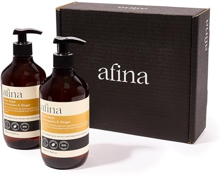 Afina Lemongrass & Ginger Luxury Hand Wash - 500mlx2 Hand Soap Bottle - Lemon, Bergamot & Ginger Notes with a Deep Base of Musk, Cedarwood & Heliotrope - Vegan Friendly Handwash - UK Produced