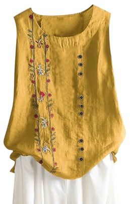 HAOLEI Vest Tops Women UK Summer Cotton Linen Sleeveless T-Shirt Plus Size Loose Fit Floral Shirts Dandelion Embroidered Lounge Wear Baggy Dressy Casual Blouses Ladies Tank Tops