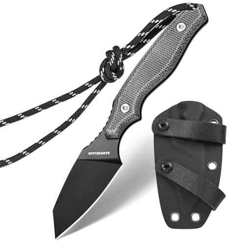 SPITZKANTE EDC Messer Feststehend, 7,2 cm Klinge Gürtelmesser aus 8Cr14MoV Stahl, Full-Tang, Reverse Tanto Outdoor-Messer mit Micarta-Griff und Kydex-Scheide für Camping, Jagd, §42a konform