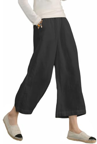 ECUPPER Womens Cotton Cropped Pants Wide Leg Trousers Black 12-14