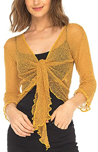 SHU-SHI - Cardigan/boléro à nouer - pour femme - transparent/léger/tricoté - taille unique - doré