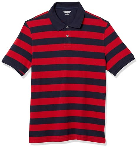 Amazon Essentials Men's Regular-Fit Short-Sleeve Cotton Piqué Polo Shirt (Available in Big and Tall), Navy Red Rugby Stripe, XL