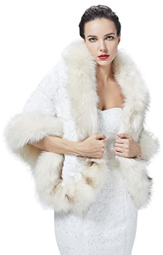 BEAUTELICATE Kunstpelz Schal Stola Bolero Damen für Winter Hochzeit Pelz Wrap Bolero Abendkleid Braut Brautschal Brautstola (Rohes Weiß mit Beigem Fell, Einheitsgröße)