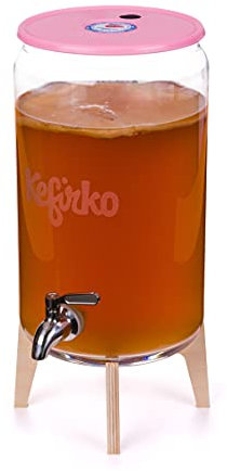Kefirko Kombucha Fermentations-Set – Glasdose, Deckel, Filter, Fermentationsuhr und Rezeptbuch, 7 l, Rosa mit Zapfen und Ständer