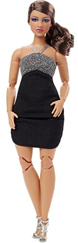 Barbie Signature Looks Puppe, Curvy braunem Pferdeschwanz, schwarzem Kleid, silbernen High Heels, Mode Sammelfigur, Puppe enthalten,HBX95