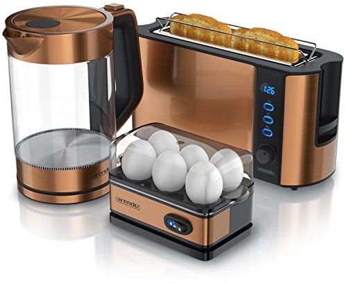 Arendo - Wasserkocher mit Toaster Set Edelstahl Kupfer, Wasserkocher 1,7L 2200W Warmhaltefunktion Toaster 2 Scheiben 1000W mit Brötchenaufsatz und 6 Bräunungsgraden, Eierkocher 1-6 Eier Messbecher